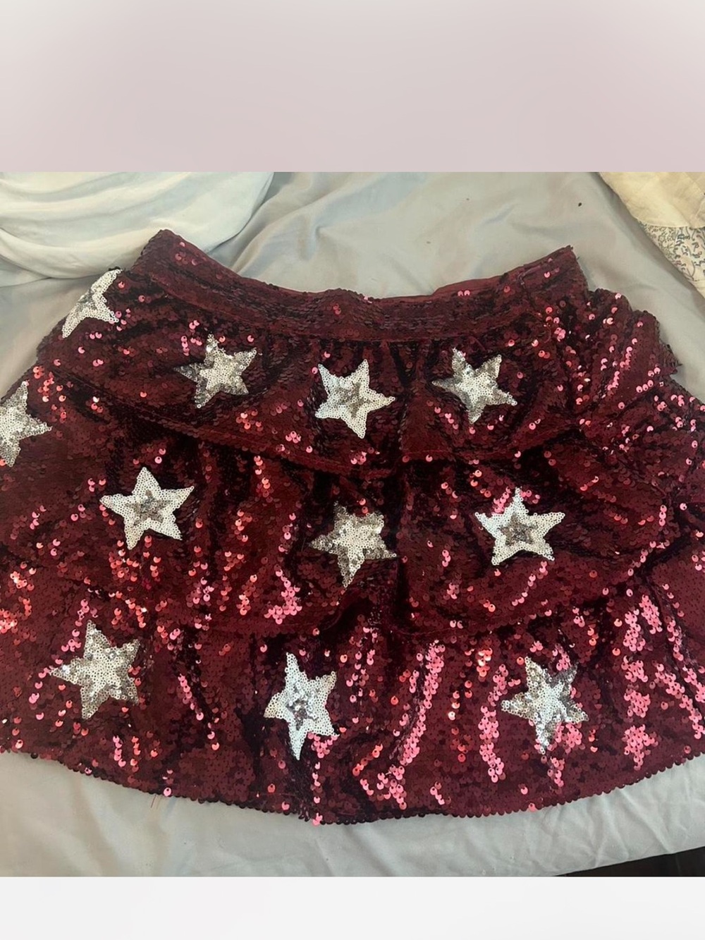 Peach Love California Burgundy Sequin Skirt with Silver Stars